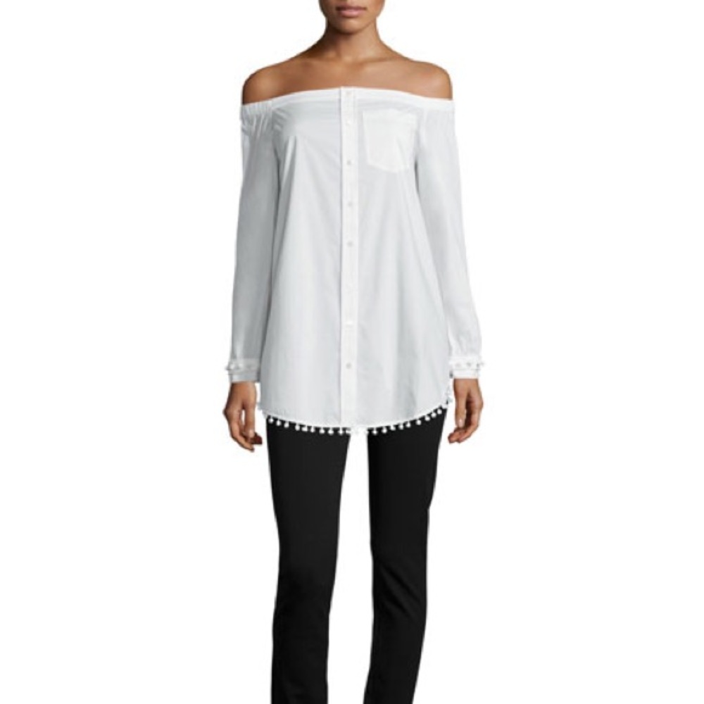 10crosby poplin off the shoulder Pompom shirtdres